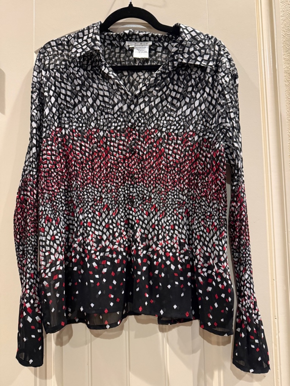 Como Semi Sheer Patterned Button-Down Blouse Black White Red Size M